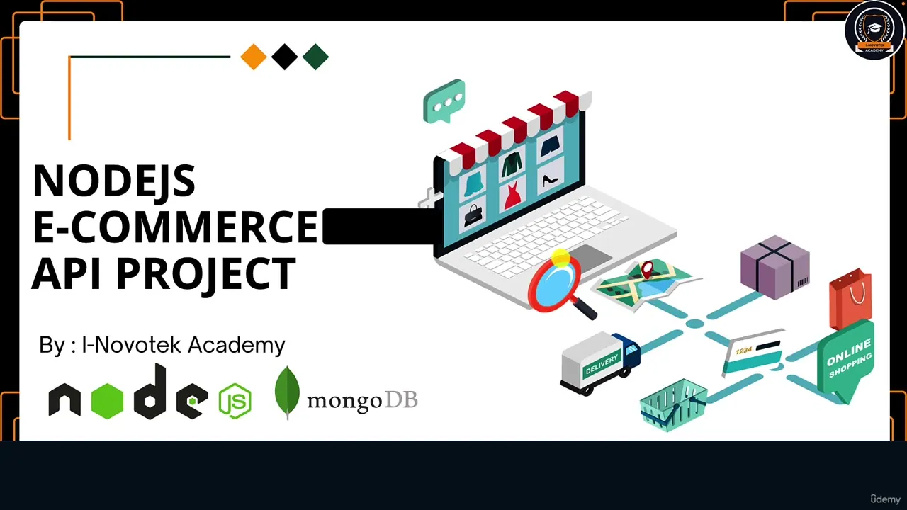 Slide titled NodeJS E-Commerce API Project by I-Novotek Academy, showing a laptop storefront and e-commerce icons.