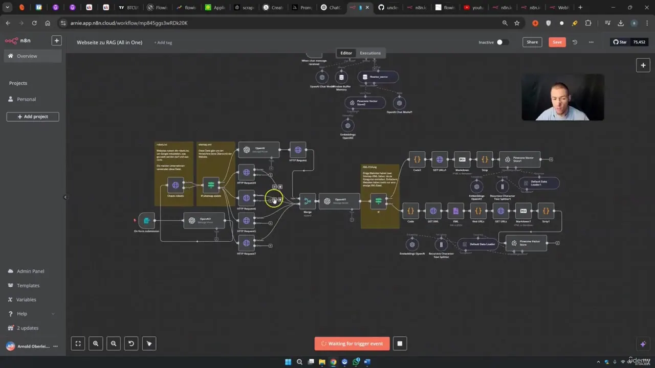 Dark n8n workflow canvas showing a complex network of connected nodes and a small webcam overlay of a presenter.