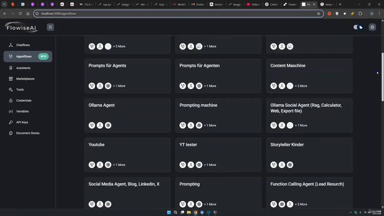 Dark-themed FlowiseAI dashboard showing a grid of agent templates like Ollama Agent and Prompting machine.