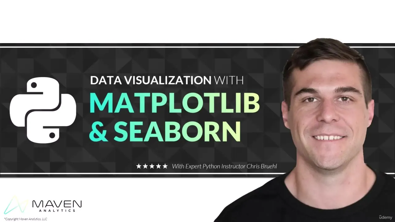 Course banner showing a smiling instructor beside a dark panel with the Python logo and text reading Data Visualization with Matplotlib & Seaborn.