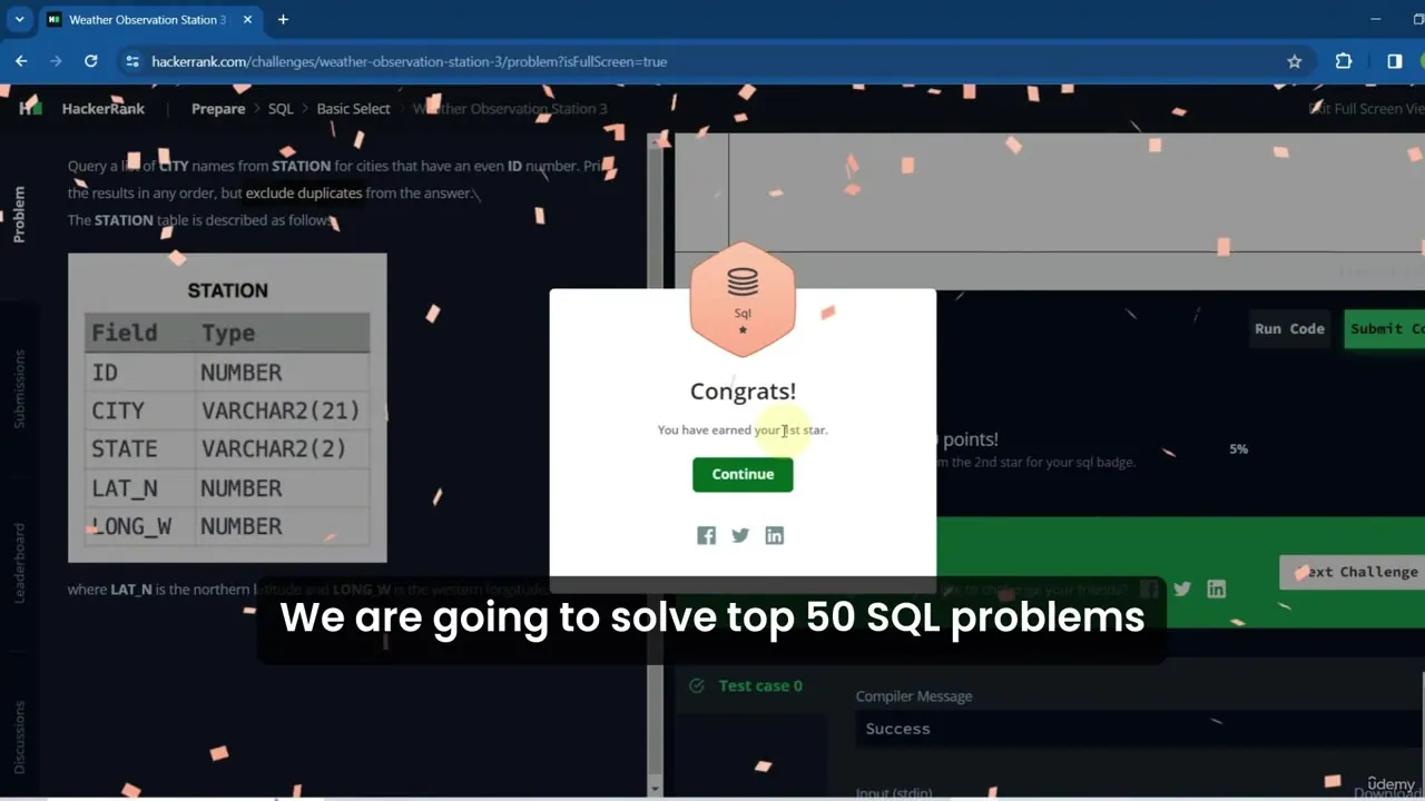 HackerRank SQL challenge interface showing the Weather Observation Station 3 problem, a STATION table schema, and a success modal with confetti.