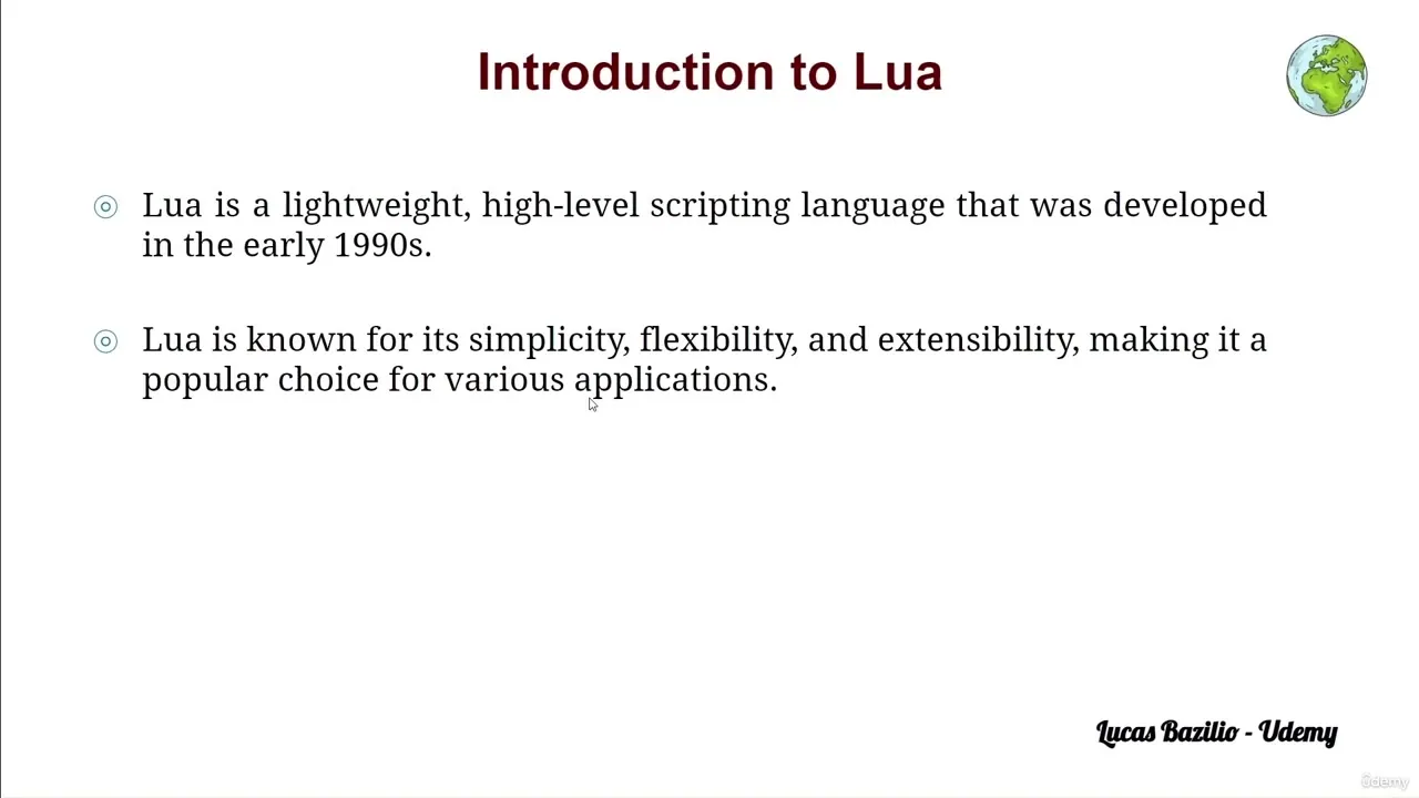 White presentation slide titled Introduction to Lua with two bullet points describing the language and a globe icon.