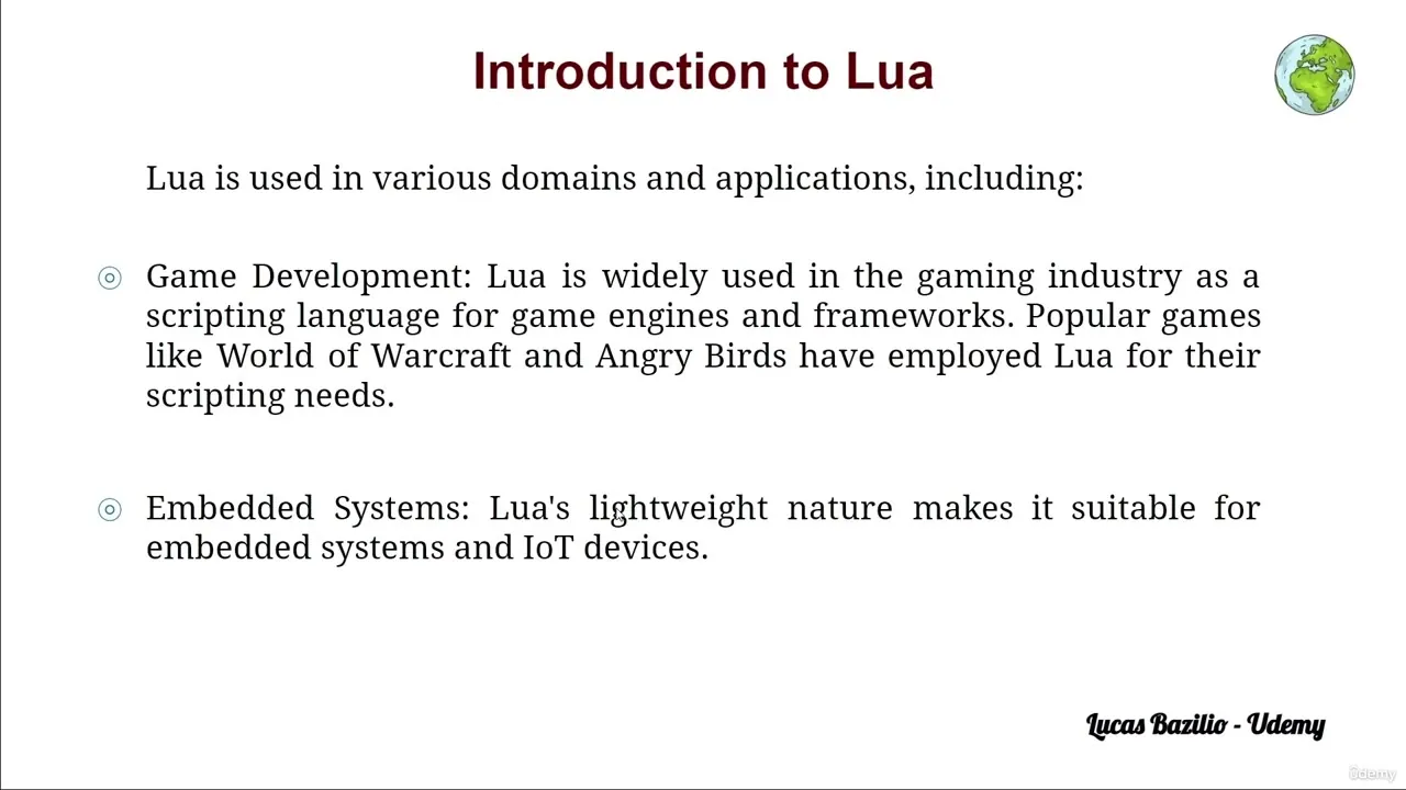 White slide titled Introduction to Lua listing game development and embedded systems uses with a globe icon