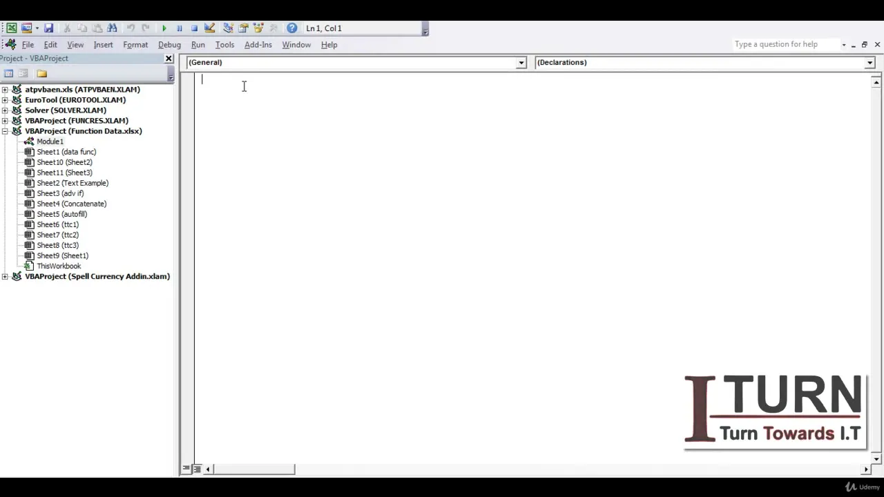 VBA editor interface showing a project explorer with Excel modules and an empty code window, featuring an I TURN logo.