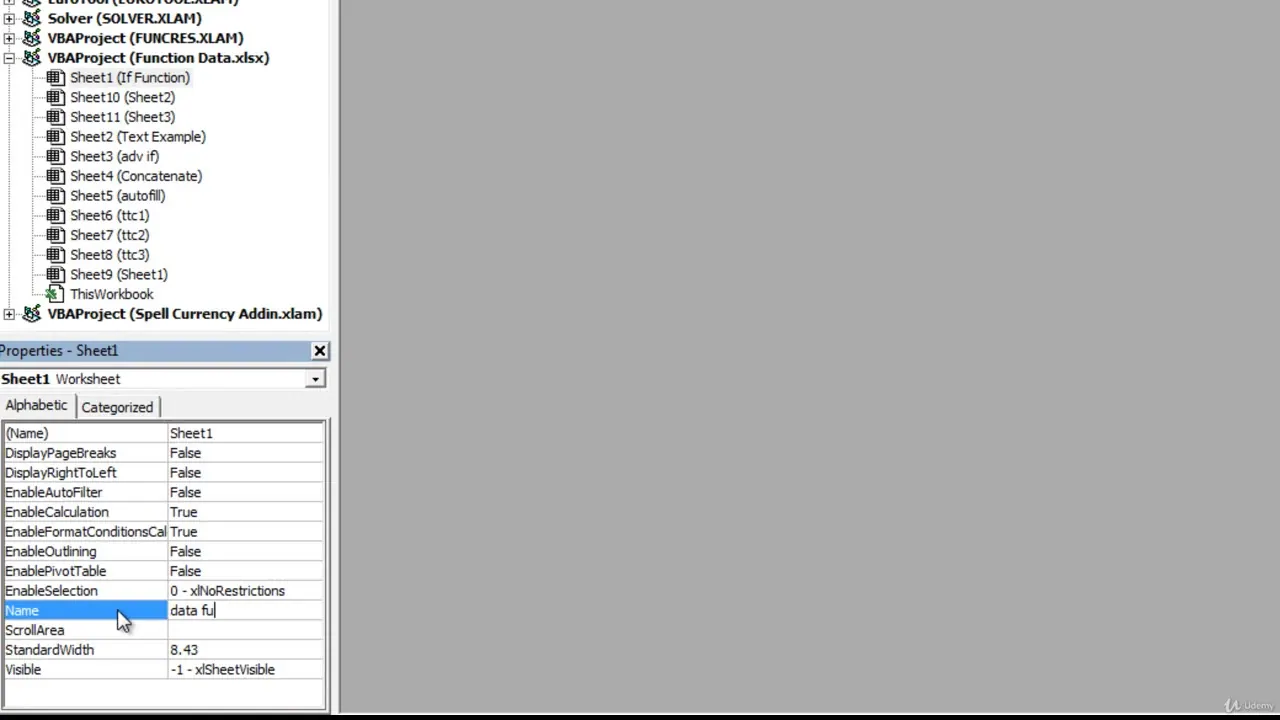 VBA editor interface showing a project explorer with multiple sheets and a properties window for a worksheet.
