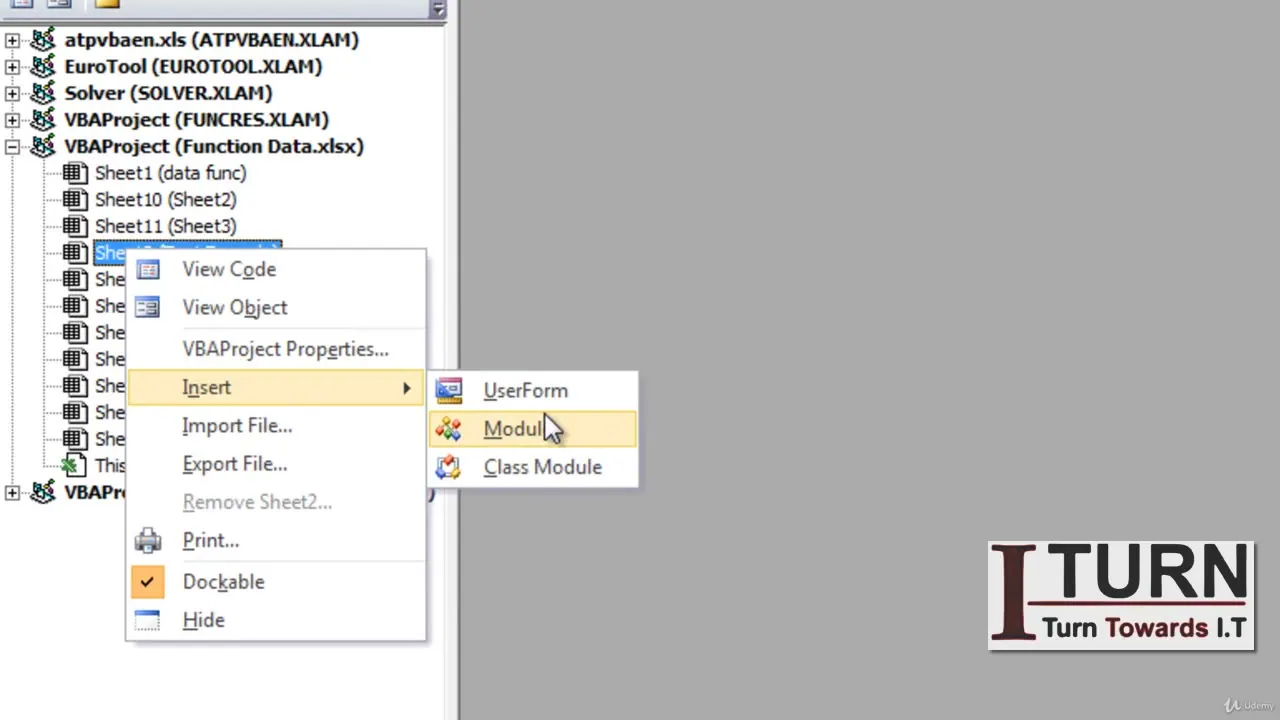VBA editor interface showing a project tree and a context menu with the Insert option expanded to Module
