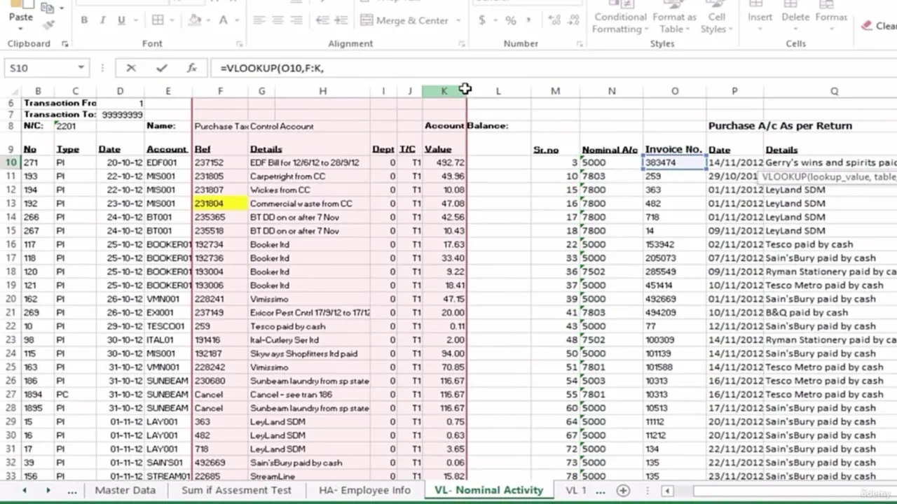 Microsoft Excel spreadsheet showing a transaction data table and a formula bar with a VLOOKUP function.