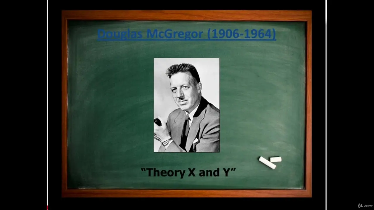 Green chalkboard with a wooden frame showing a black-and-white portrait of a man in a suit, labeled Douglas McGregor and Theory X and Y