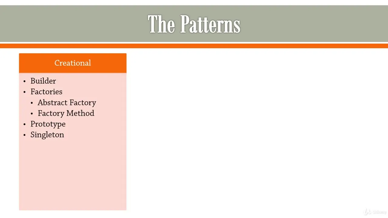 A presentation slide titled The Patterns lists Creational design patterns including Builder, Factories, and Singleton.