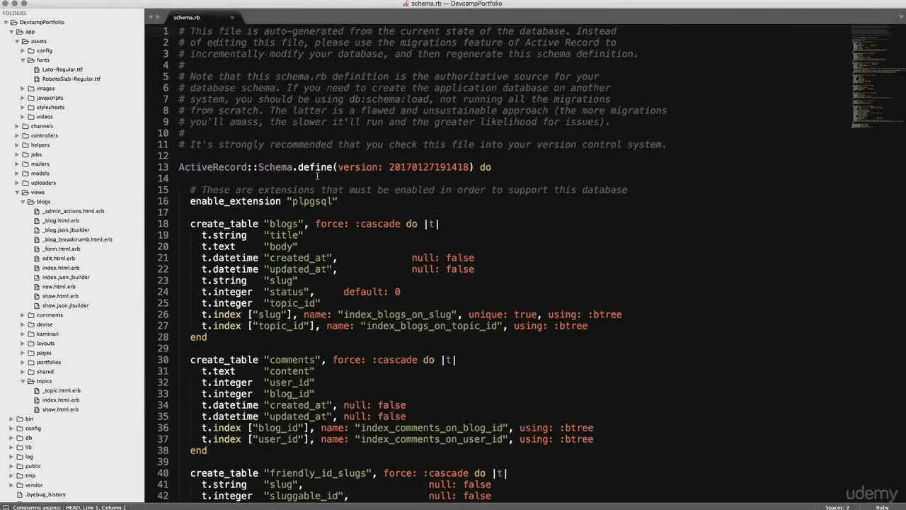 A code editor window displaying a Ruby on Rails schema.rb file with database table definitions for blogs and comments.
