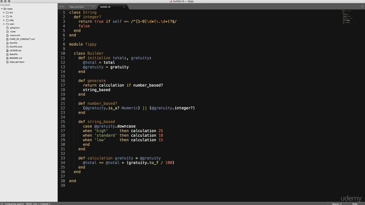 A dark-themed code editor displays a Ruby file named builder.rb with syntax highlighting, showing a class definition and methods.