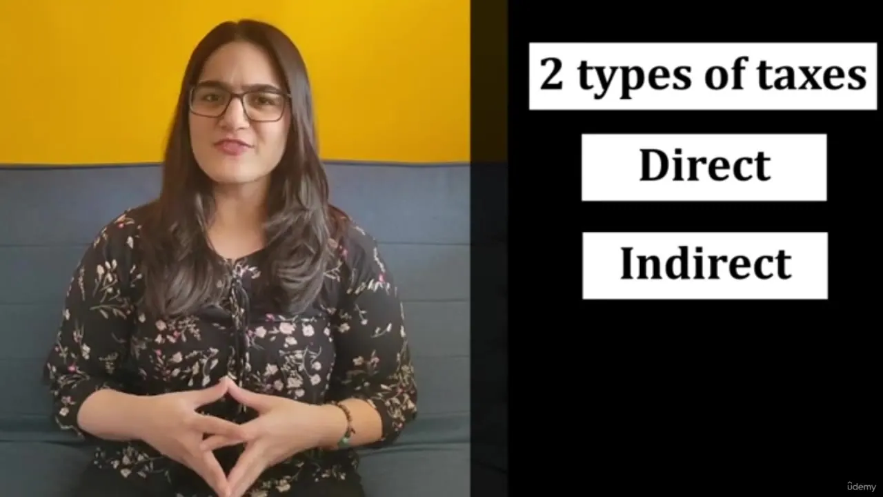 Split-screen view showing a woman presenter on the left and a slide listing Direct and Indirect taxes on the right