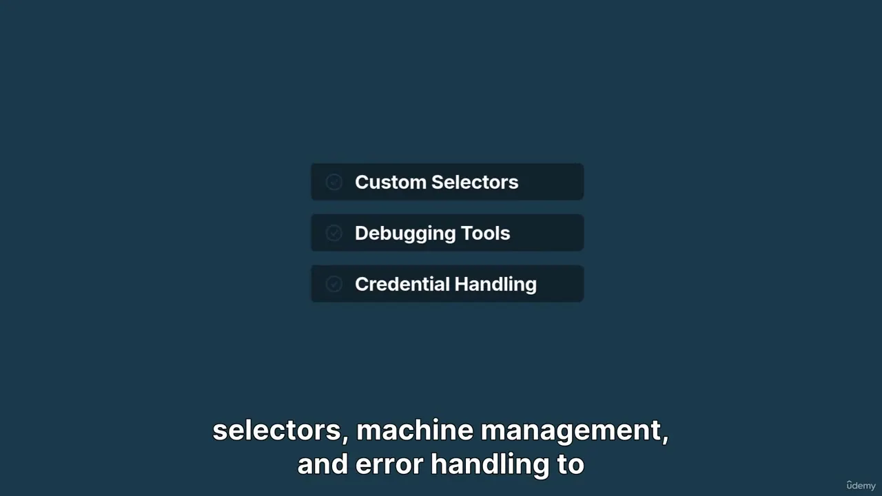 Dark blue interface showing three stacked list items for Custom Selectors, Debugging Tools, and Credential Handling.