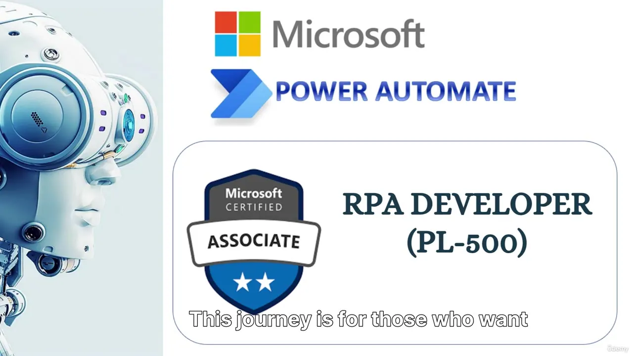 Microsoft and Power Automate logos above a certification badge and the text RPA DEVELOPER (PL-500), with a robot head illustration on the left.