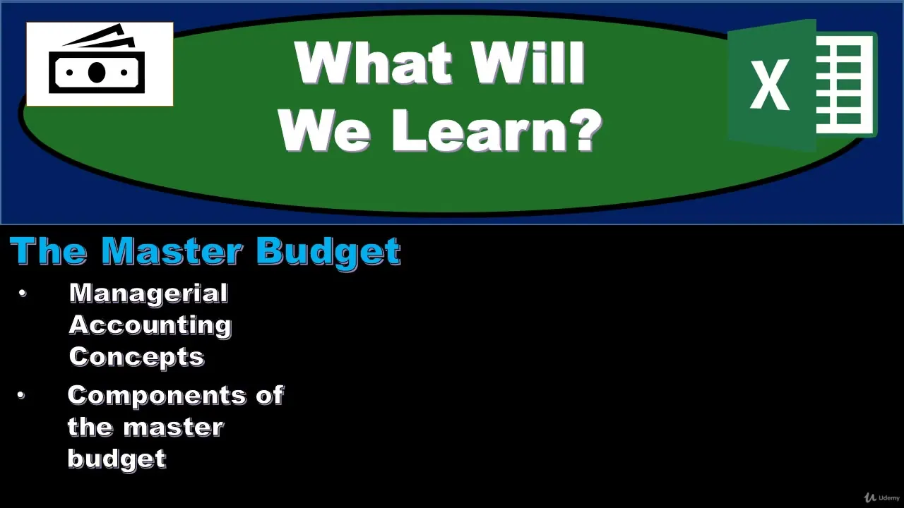 Presentation slide titled What Will We Learn? listing The Master Budget, Managerial Accounting Concepts, and Components of the master budget.