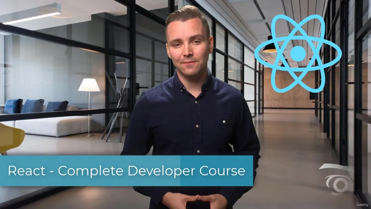 A man in a dark blue shirt stands in a modern office hallway beside the React logo and a banner reading React - Complete Developer Course