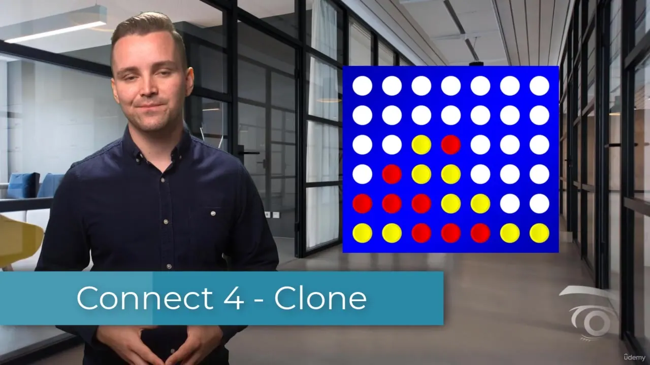 A man in a dark shirt stands in an office hallway beside a blue Connect 4 board with red and yellow pieces.