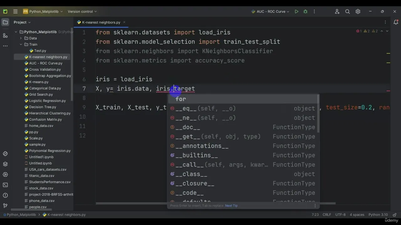 Dark-themed code editor showing Python code for a K-Nearest Neighbors classifier with an autocomplete menu and file explorer.