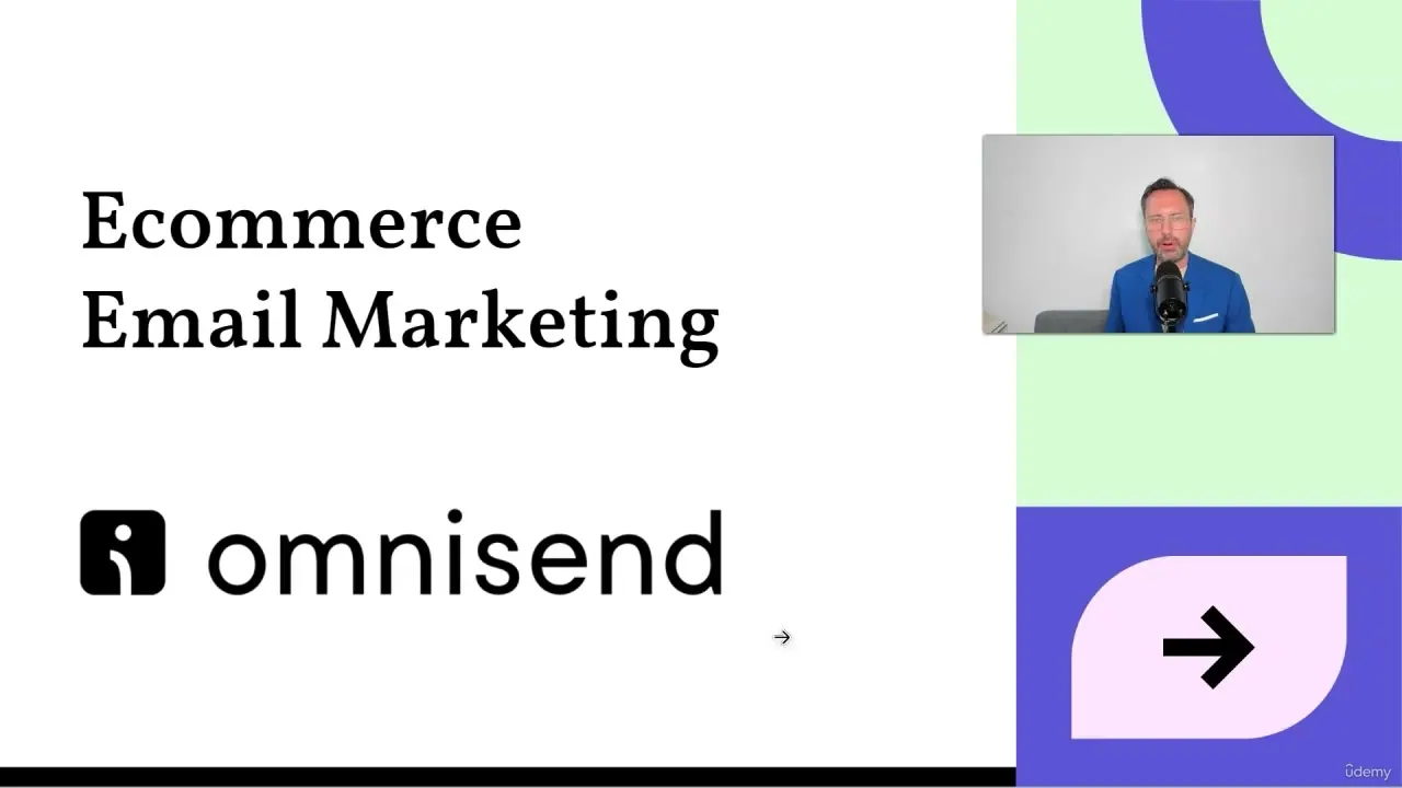 Presentation slide titled Ecommerce Email Marketing with the Omnisend logo and a small webcam inset of a presenter