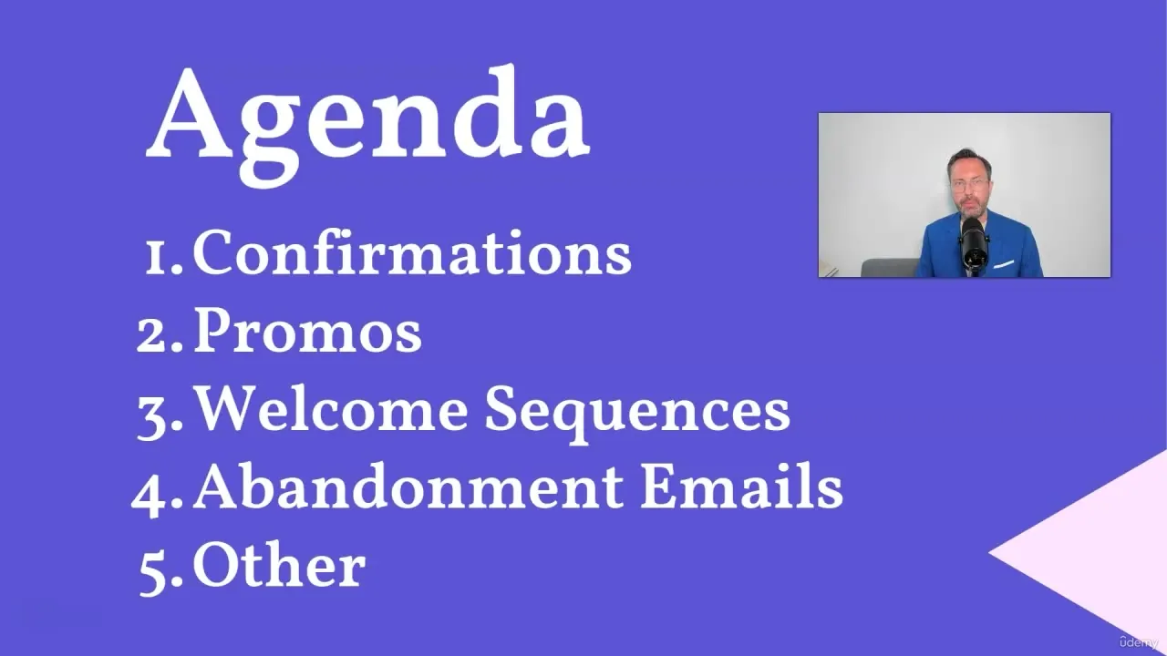 Purple slide titled Agenda listing five email marketing topics, with a small webcam inset of a presenter in a blue blazer.