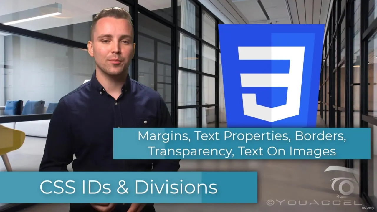 A male presenter stands in an office beside a blue CSS logo, with text overlays listing CSS IDs, Divisions, and styling topics.