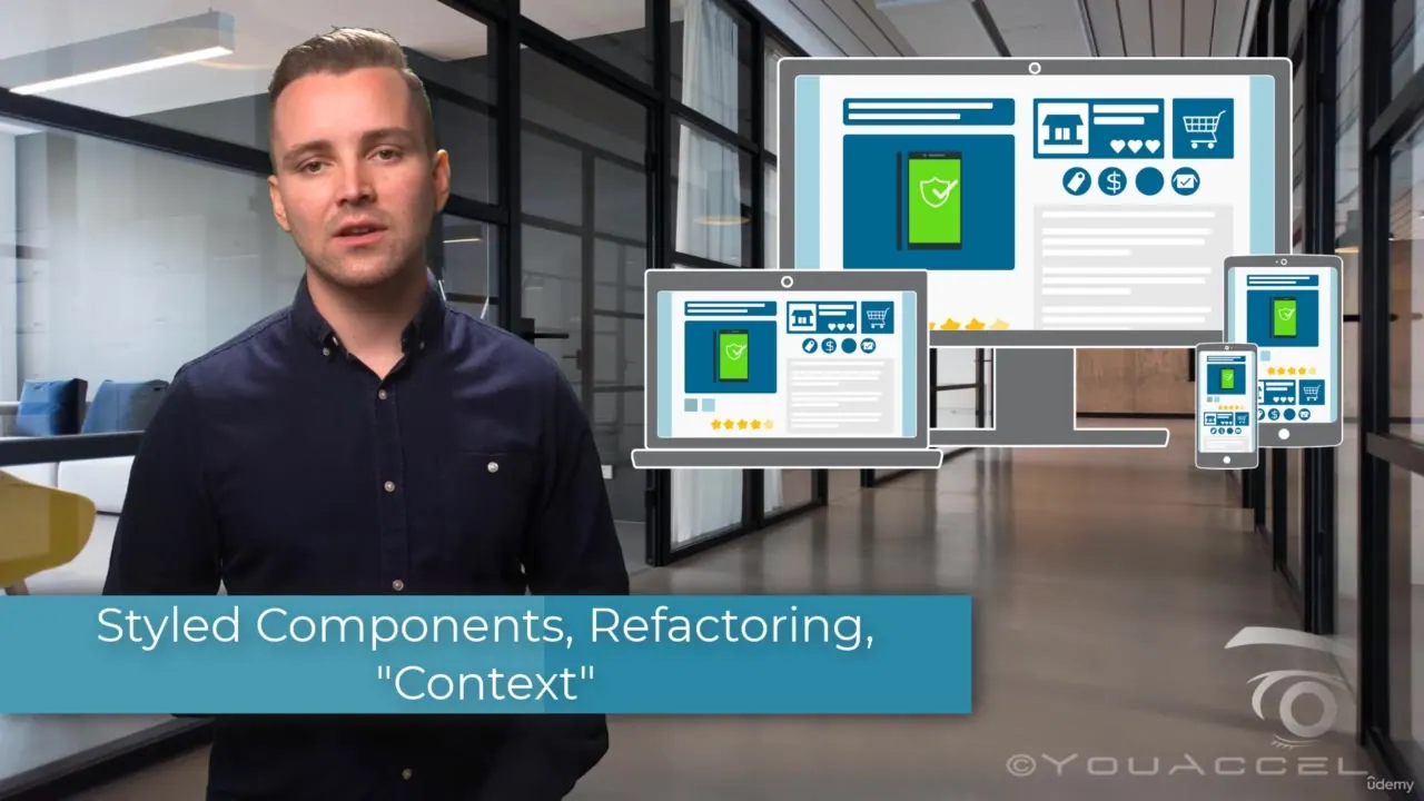 A man in a dark shirt stands in an office beside stylized desktop and mobile interface mockups with a blue topic banner.