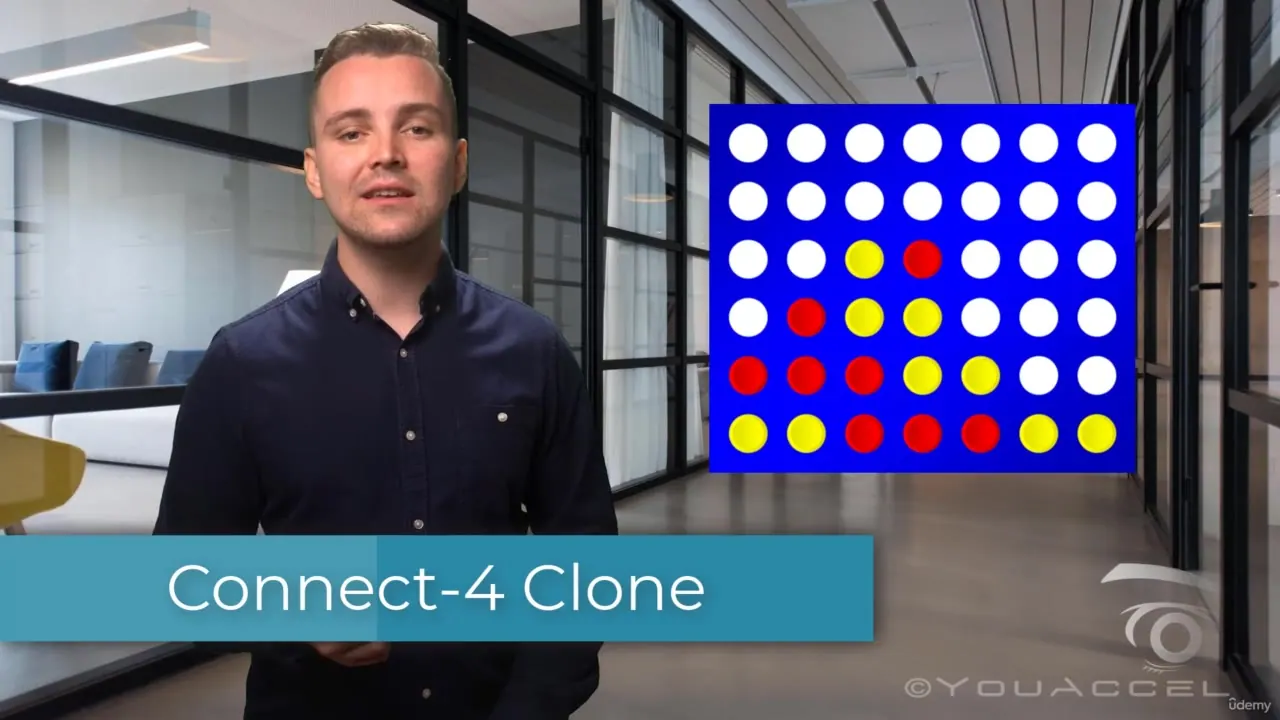 A presenter stands in an office beside a blue Connect-4 board with red and yellow discs, labeled Connect-4 Clone.