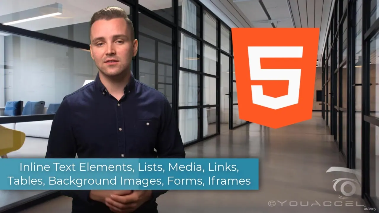 A presenter stands in an office hallway beside an HTML5 logo and a banner listing topics like lists, media, and forms.