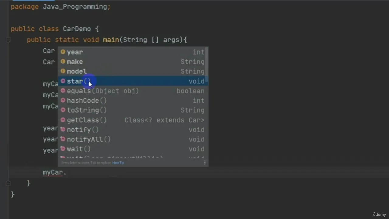 Dark code editor showing Java source code with an autocomplete menu listing class members like year, make, and model.