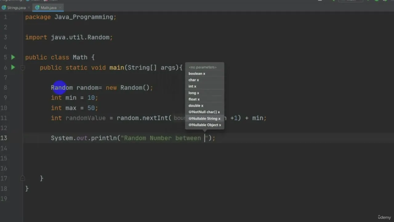 Dark-themed code editor showing a Java class named Math with a main method, variable declarations, and an autocomplete dropdown menu.