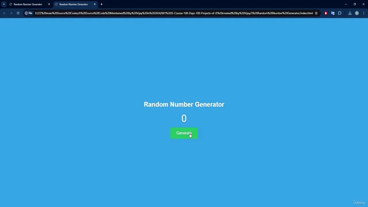 A web browser window displays a blue interface titled Random Number Generator with the number 0 and a green Generate button
