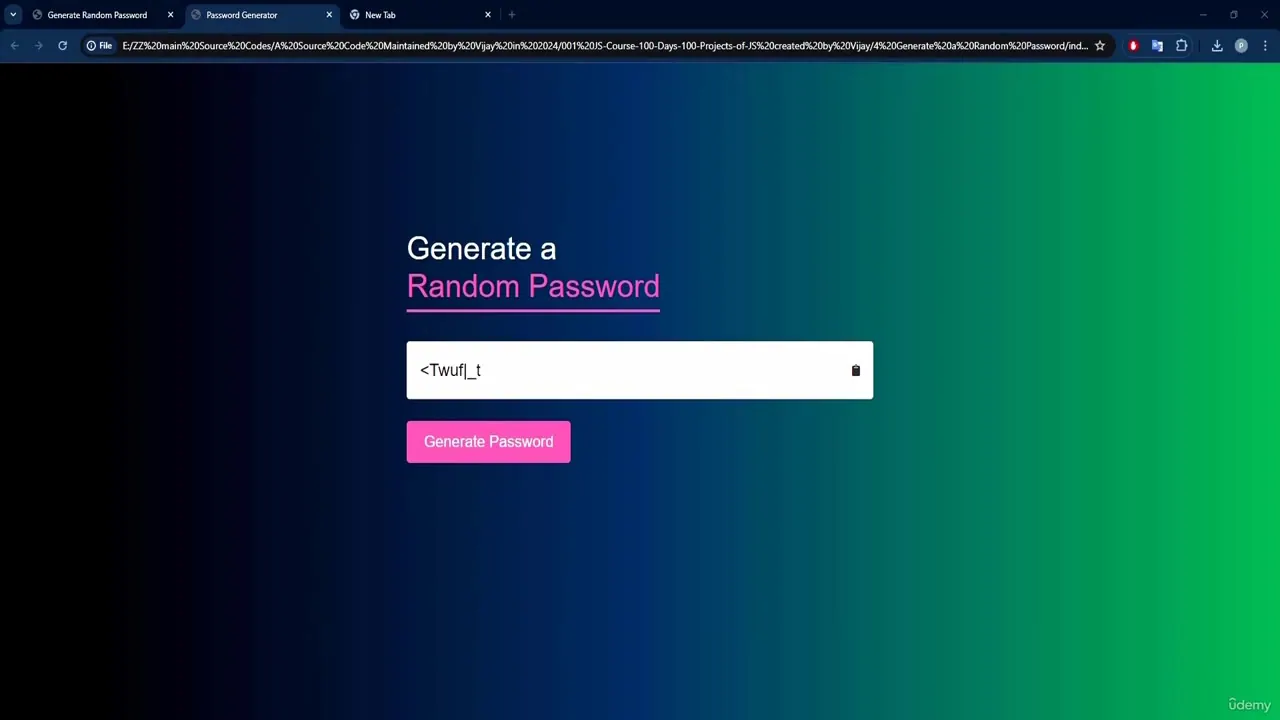 A web browser window displays a password generator interface with a gradient background, a text input field, and a pink button.