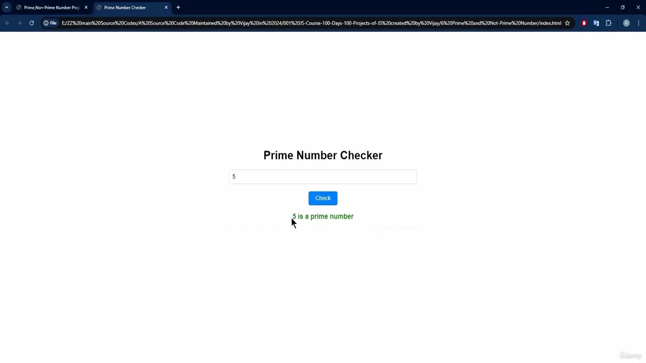 A web browser window displays a Prime Number Checker interface with an input field showing 5 and a green result message.