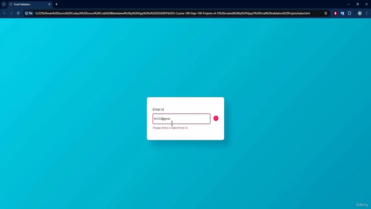 A web browser window displays a white card on a cyan background with an Email Id input field showing an error message.