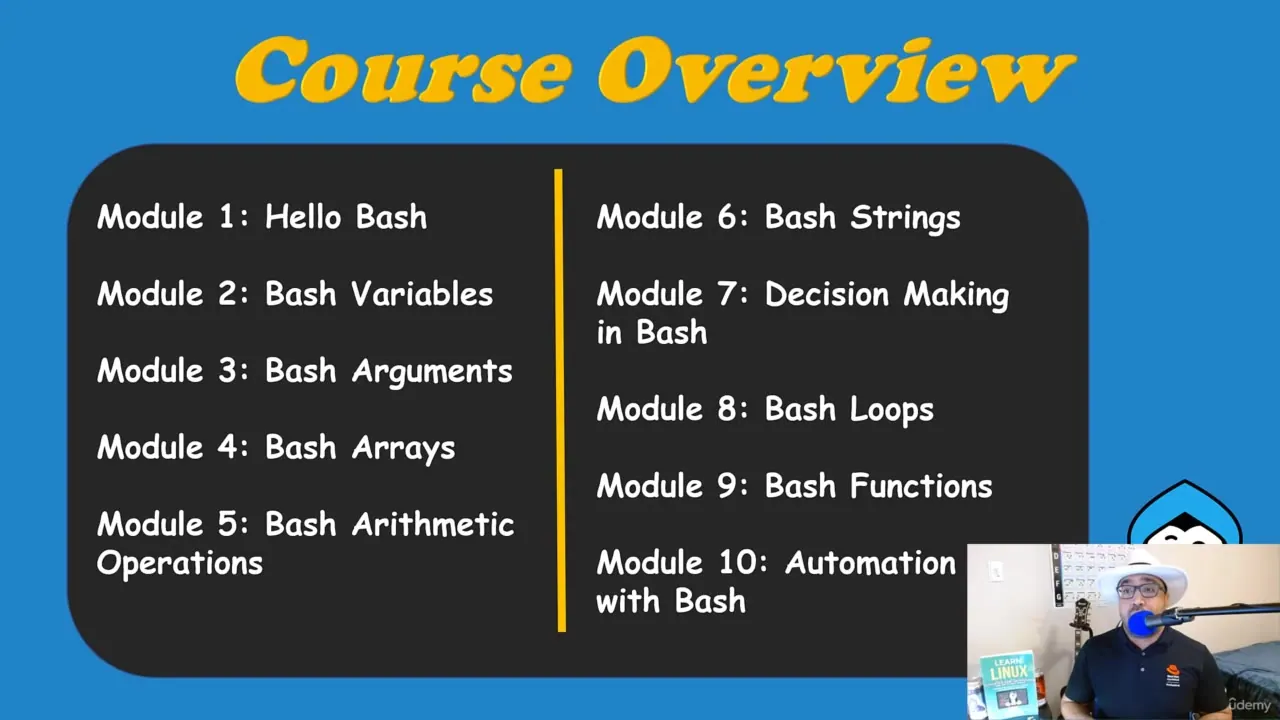 Course overview slide listing ten Bash scripting modules on a dark panel, with a small presenter webcam inset in the corner.