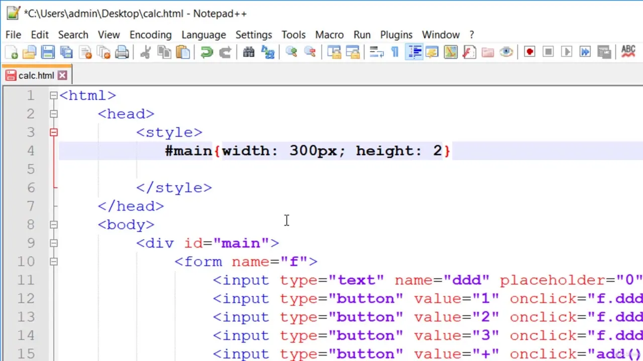 A Notepad++ window displaying HTML source code for a calculator, including style tags and input elements.