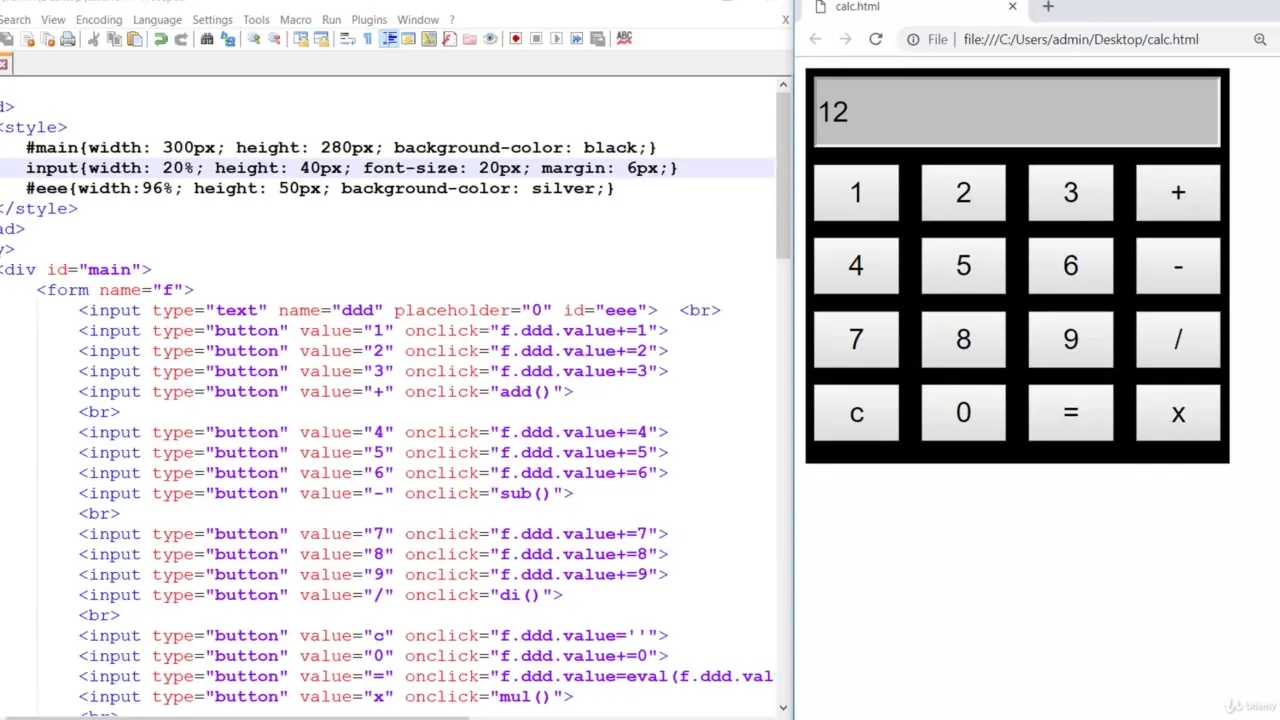 Split view showing HTML and CSS code for a calculator on the left and the rendered calculator interface with buttons on the right