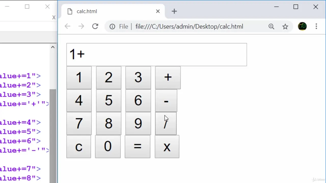 Split view showing HTML code with value attributes on the left and a rendered calculator interface with a 1+ display and numeric buttons on the right