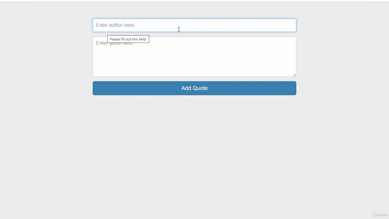 A web form with an author input field, a quote textarea, and a blue Add Quote button, showing a validation error message.