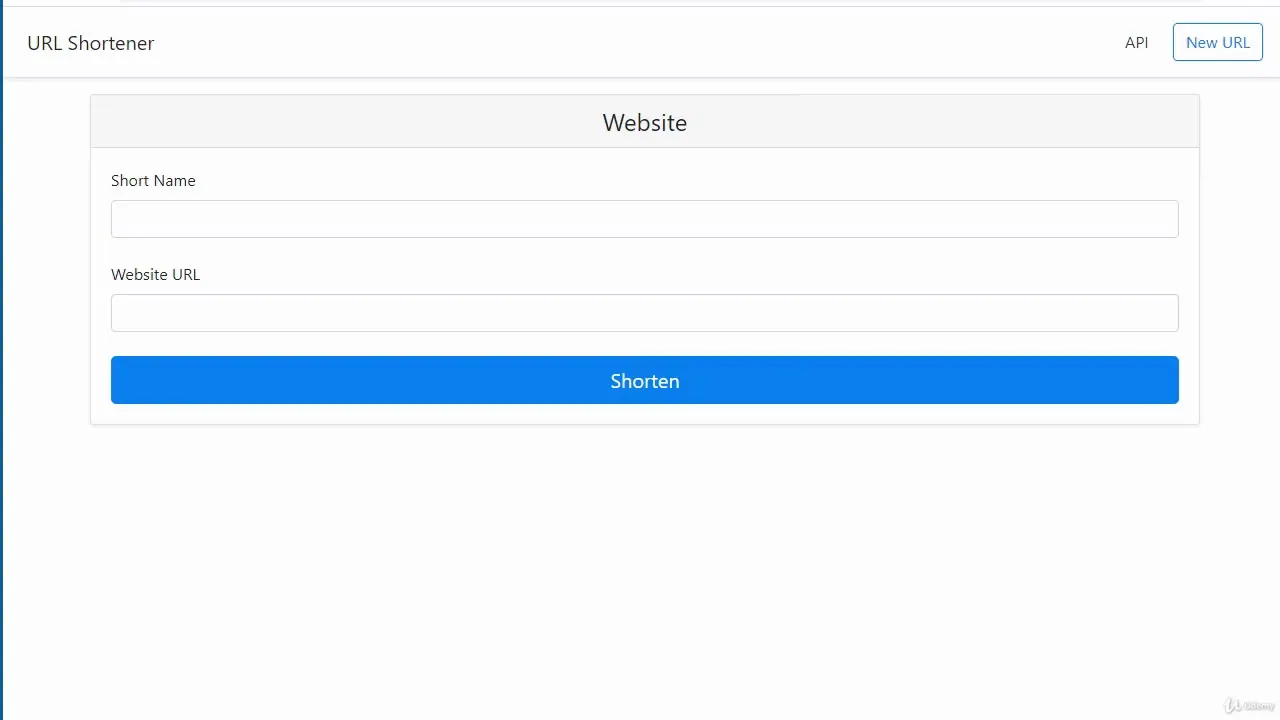 A web interface titled URL Shortener with input fields for Short Name and Website URL, a blue Shorten button, and an API link.