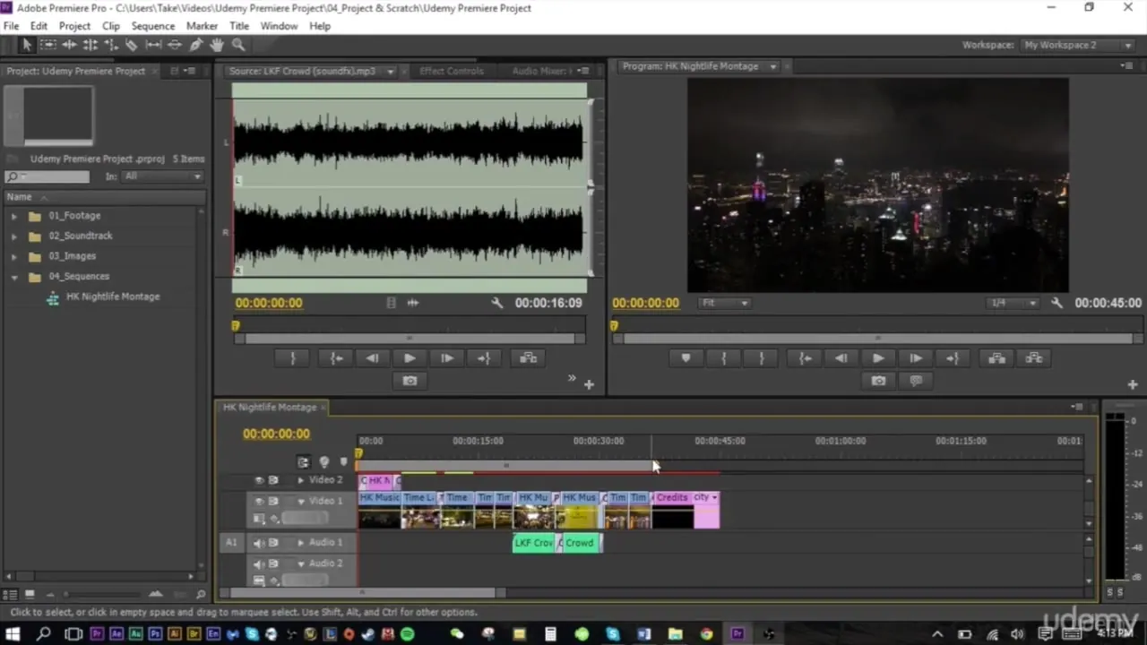 Adobe Premiere Pro interface showing a project panel, audio waveform, city night video preview, and a timeline with clips.