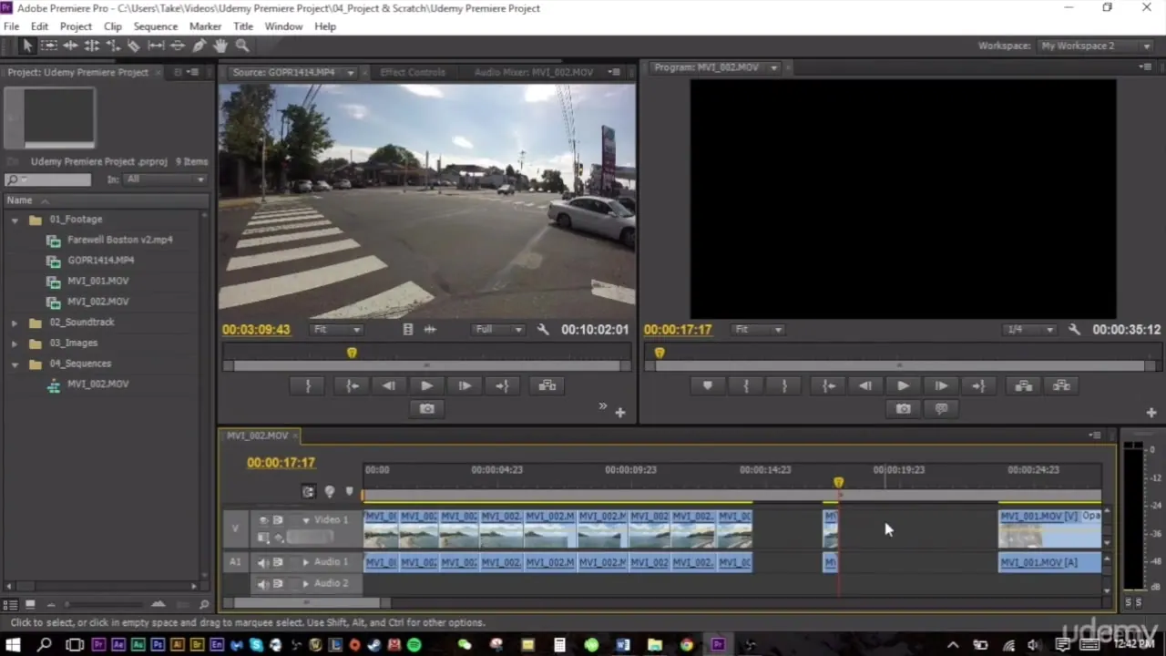Adobe Premiere Pro interface showing a project panel, source monitor with street footage, and a timeline with video and audio tracks.
