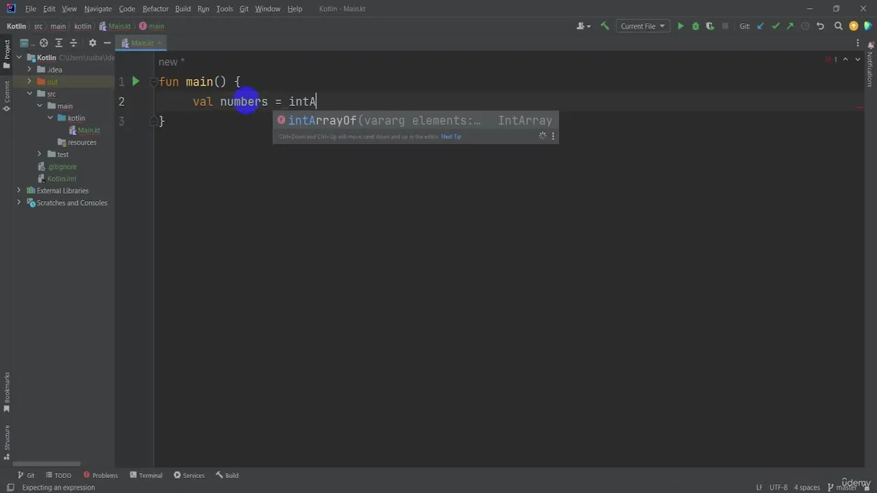 Dark-themed IDE showing a Kotlin file with a main function and an autocomplete suggestion for intArrayOf.