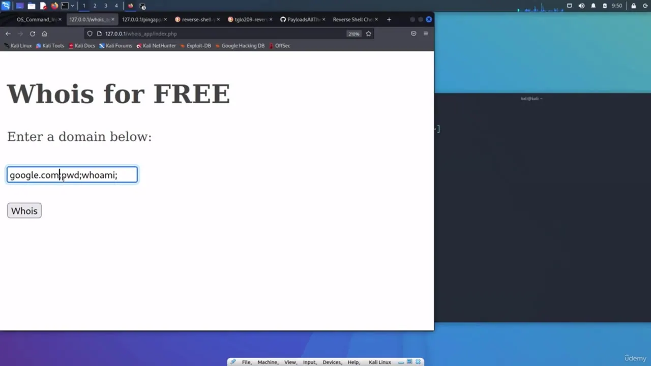 A browser window on a Kali Linux desktop shows a Whois form with a command injection string entered in the input field.