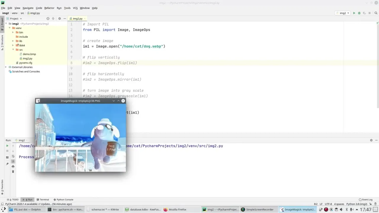 PyCharm IDE showing Python code for PIL image operations with a small preview window of a cartoon character.