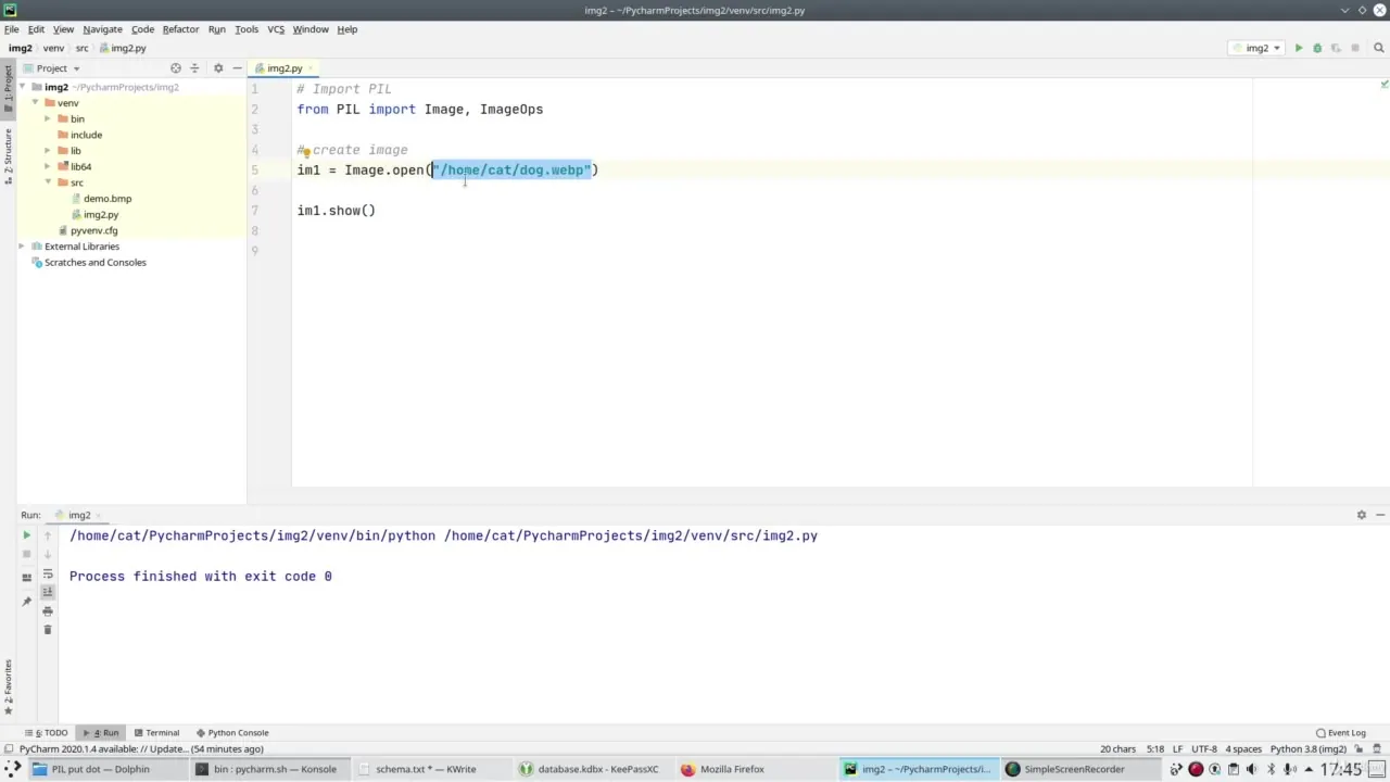 PyCharm IDE window showing Python code that imports PIL, opens a dog image file, and displays it with a successful console exit code.