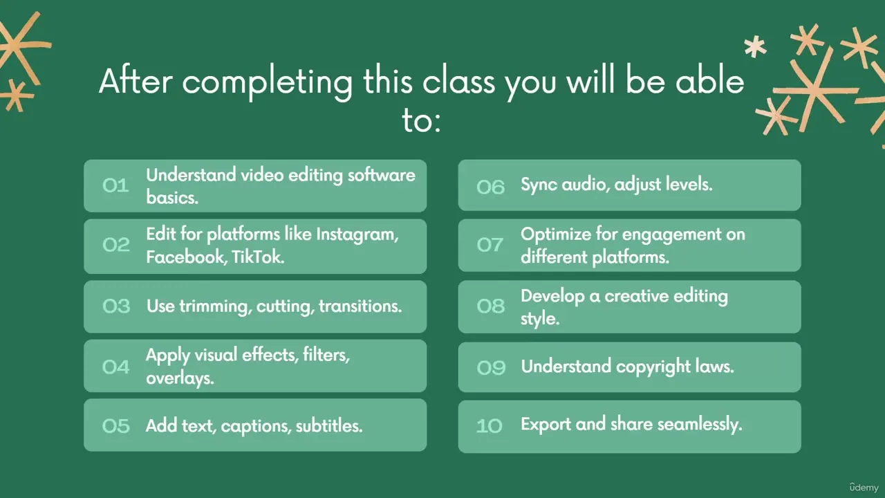 Green slide listing ten video editing learning outcomes, including software basics, platform editing, and copyright laws.